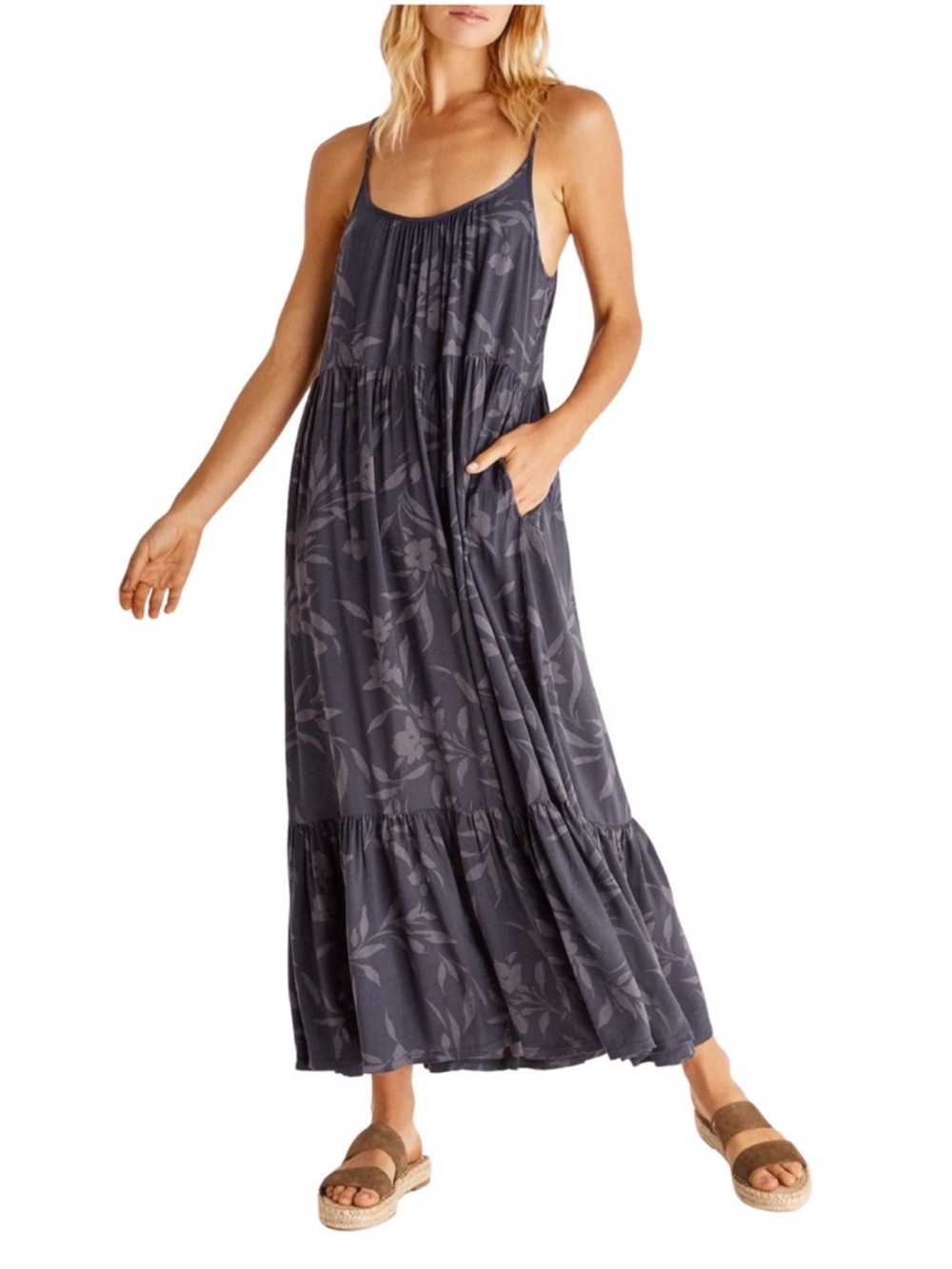 Z Supply Charcoal Floral Scoop Neck Maxi Dress
